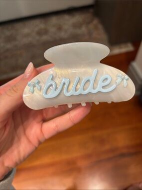 Bride Hair Claw Clip in Pearl White with Baby Blue Script